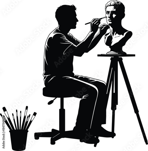 Silhouette of an artist sculpting a bust with brushes and easel sculptor sculpture