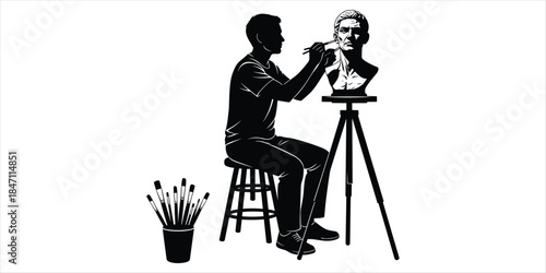 Silhouette of an artist sculpting a bust with brushes and stool on white background sculptor