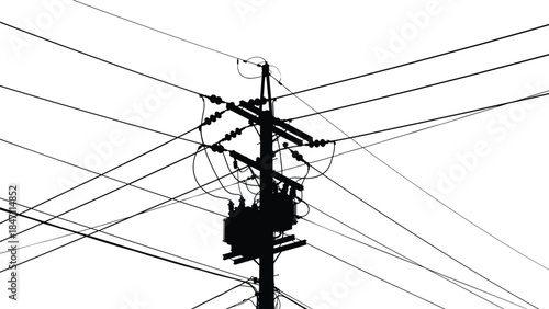 Silhouette Of An Electrical Transformer Pole With Wires On White Keywords: electrical pole, power line, transformer, electricity