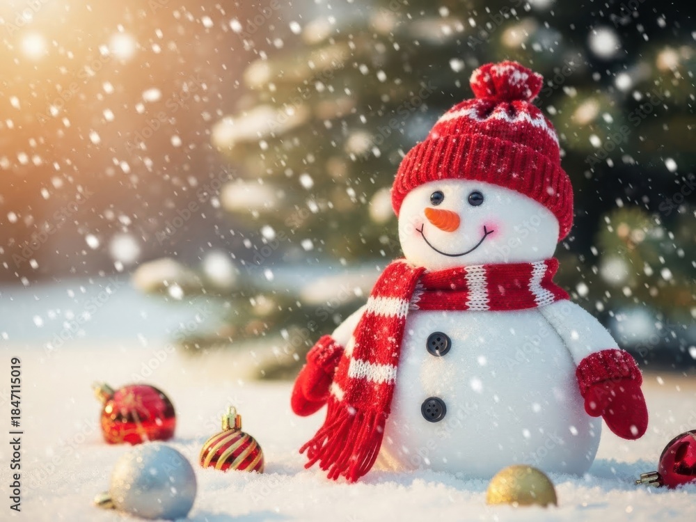 Obraz premium Smiling snowman in winter with christmas decorations and snow falling