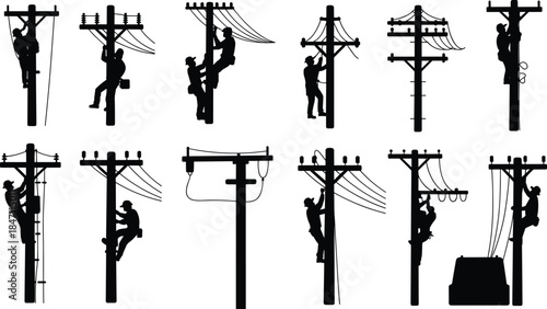 Silhouette of Linemen Working on Utility Poles with Wires lineman electricity