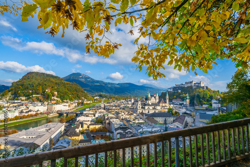 City of Salzburg with Salzach River and Fortress Hochensalzburg in the fall season.