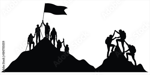 Silhouettes of climbers reaching a mountain summit with a flag and helping each other Keywords: climbing, mountain, summit, peak
