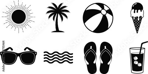 Summer Beach Vacation Icons Silhouette Collection palm tree beach ball