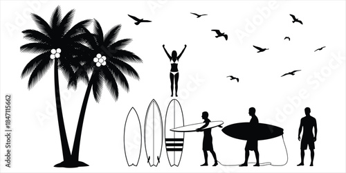 Tropical beach scene with palm trees, surfboards and people silhouettes Keywords: beach, tropical, palm trees, coconuts, ocean