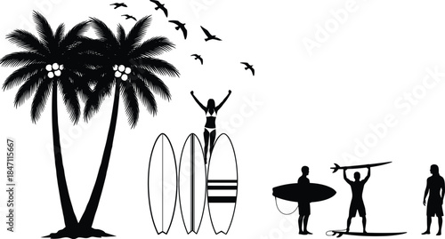 Tropical Beach Surfing Scene Silhouette with Palm Trees and People coconuts
