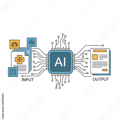 Conceptual illustration of AI (Artificial Intelligence) microchip processing digital information from input to output