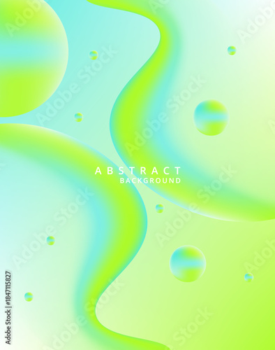Vibrant abstract background featuring flowing neon green and cyan liquid waves interspersed with floating translucent spheres creating dynamic visual texture