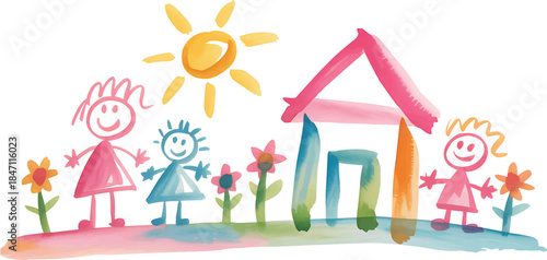 Happy Family Drawing by Child with House, Sun and Flowers