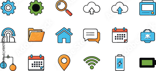 A comprehensive travel and tourism vector icon set featuring business communication symbols like globe, mail, and phone web buttons designed for internet search and computer interface illustration