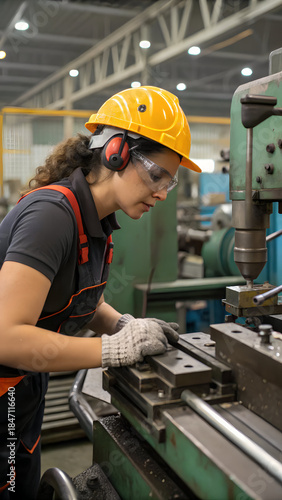 Woman at industrial machine at the factory