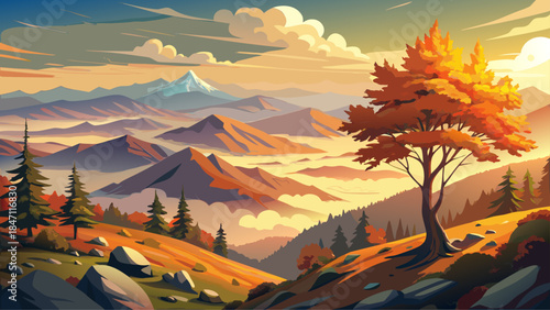 Very beautiful autumn overlook of West Virginia mountains, vibrant fall foliage glowing in soft sunrise light, with rolling hills, misty atmosphere, and a lone pine tree creating tranquil morning scen