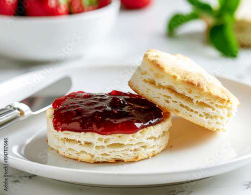 Buttermilk biscuit with strawberry jam, closeup. AI