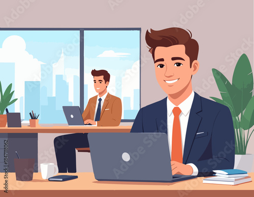 A modern flat illustration of a smiling businessman working on a laptop in a bright office with a city view and another colleague