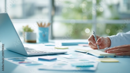 Creative Workspace: A Closer Look at a Desk Featuring a Laptop, Notepad, and Colorful Post-it Notes for Productive Work Sessions