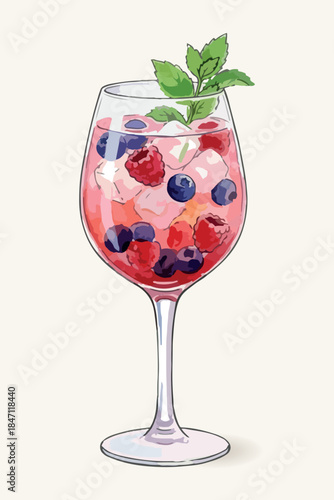 Berry spritz cocktail watercolor vector illustration isolated on light background