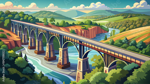 Very beautiful drone view of a historic railroad bridge spanning the Potomac River near Shepherdstown, West Virginia, highlighting timeless engineering, calm flowing water, and scenic surroundings fro