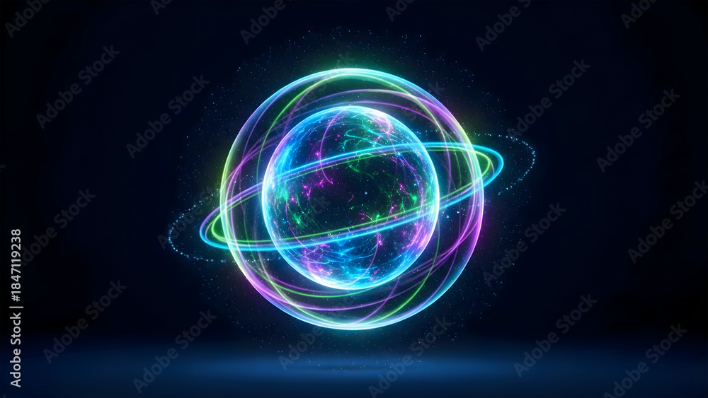 Obraz premium Glowing Quantum Technology Energy Sphere with Holographic Light Rings and Particles Floating in Dark Futuristic Space