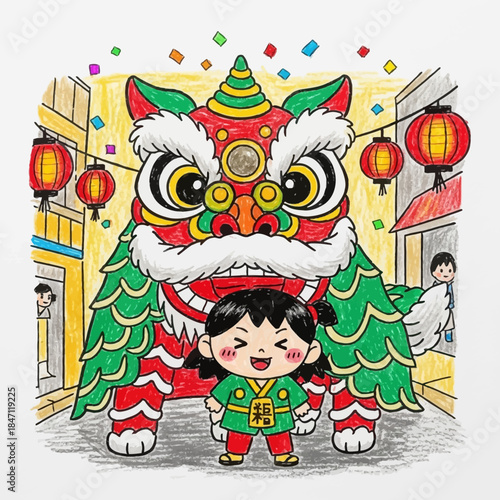 Little girl in traditional outfit with lion dance performance on street