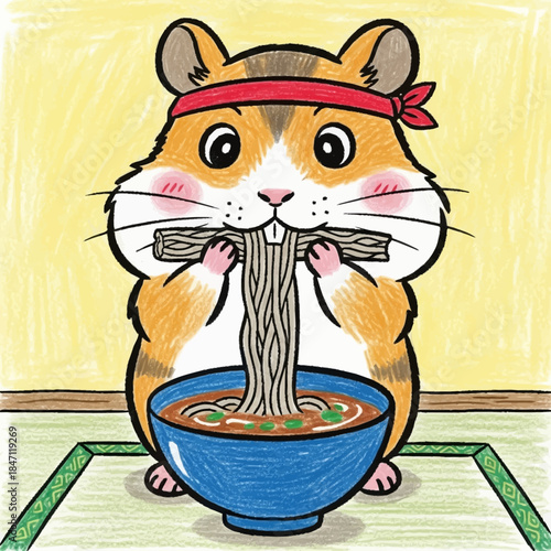 Cute hamster enjoying steaming hot noodles from blue bowl