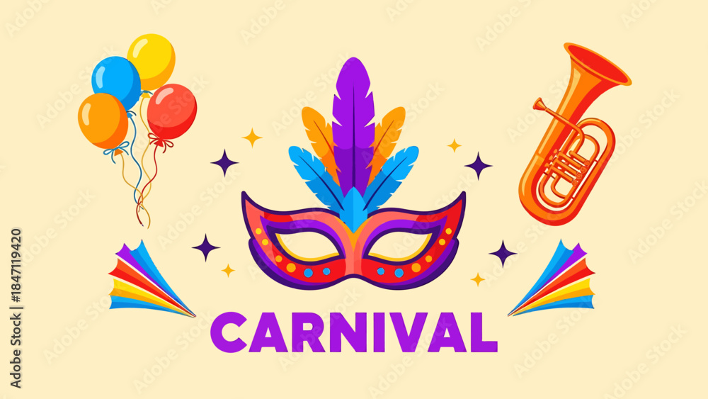 Fototapeta premium Colorful Carnival Mask with Balloons and Musical Instrument
