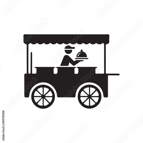 A simple black and white illustration depicts a food vendor operating from a small wheeled cart with a covered dish