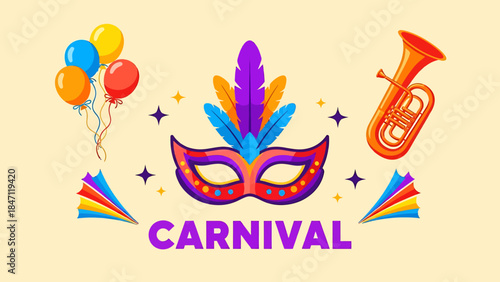 Colorful Carnival Mask with Balloons and Musical Instrument