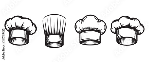 a collection of four vintage style chef hats in black and white showcasing culinary artistry and professional kitchen attire