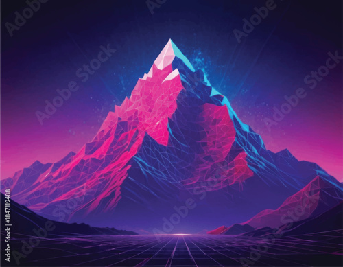 Majestic Mountain Peak Illuminated by Vibrant Neon Lights.