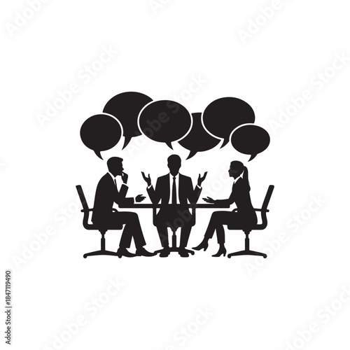 A black silhouette of three business professionals having a discussion around a table with speech bubbles