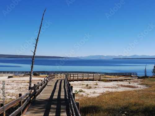 Wooden Boardwalk Leading to Yellowstone Lake
