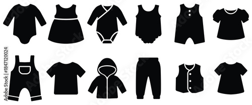Baby clothing silhouette set, Infant apparel icon pack, Newborn clothes collection