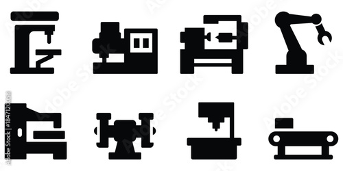 Industrial machine silhouette set, Factory equipment icon pack, Manufacturing tool collection
