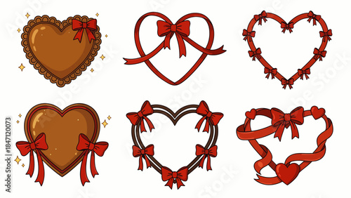 Set of adorable heart-shaped frames decorated with vibrant red ribbons and bows, ideal for Valentine's Day, romantic greetings, wedding designs, and cute festive decorations.