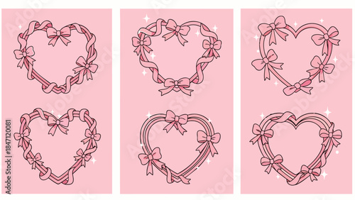 Set of six charming pink ribbon heart frames with decorative bows and subtle sparkles, perfect for romantic themes, invitations, and sweet design projects.