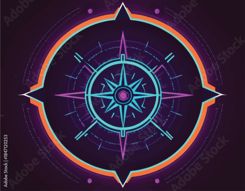 Stylized Compass Rose with Neon Glow and Geometric Design.