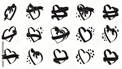 Black vector heart icons with ribbons and bows, a versatile collection for Valentine's Day, romantic designs, wedding invitations, and love-themed projects.