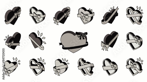Collection of heart-shaped chocolate boxes with ribbons and bows, vintage tattoo style, isolated on white background