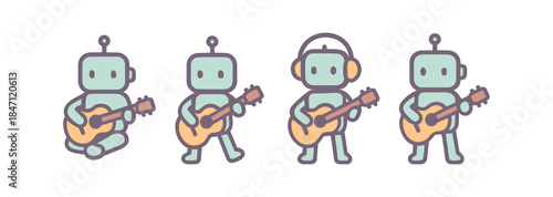 Cute robots playing guitars: adorable music-themed cartoon characters