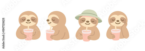 Cute sloths enjoying drinks in pastel cartoon style