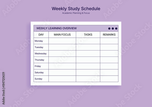 Weekly Study Schedule: The weekly study schedule for academic planning and focus in purple background.