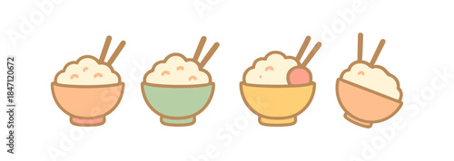 Cute minimalist rice bowl icons with chopsticks in pastel colors