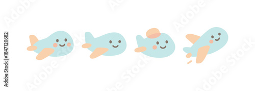 Cute cartoon airplanes with happy faces on white background