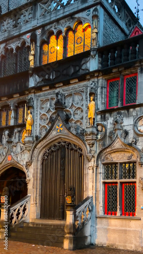 Medieval architecture on the autumn streets of historic center of Bruges, Belgium, October 20, 2025.