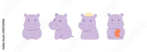 Cute cartoon hippos in various poses on white background