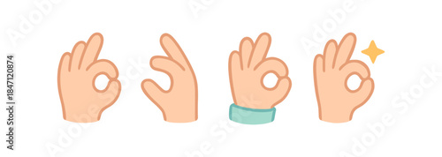 Flat cartoon hand gestures showing ok symbol with variations