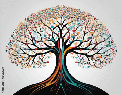 Vibrant Tree of Life with Colorful Dots and Branches.