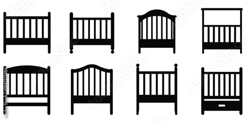 Baby crib silhouette set, Nursery bed icon pack, Infant furniture collection