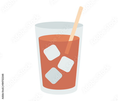 Refreshing cold beverage with ice cubes and straw in flat design