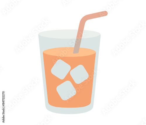 Refreshing beverage in transparent glass with ice cubes and straw